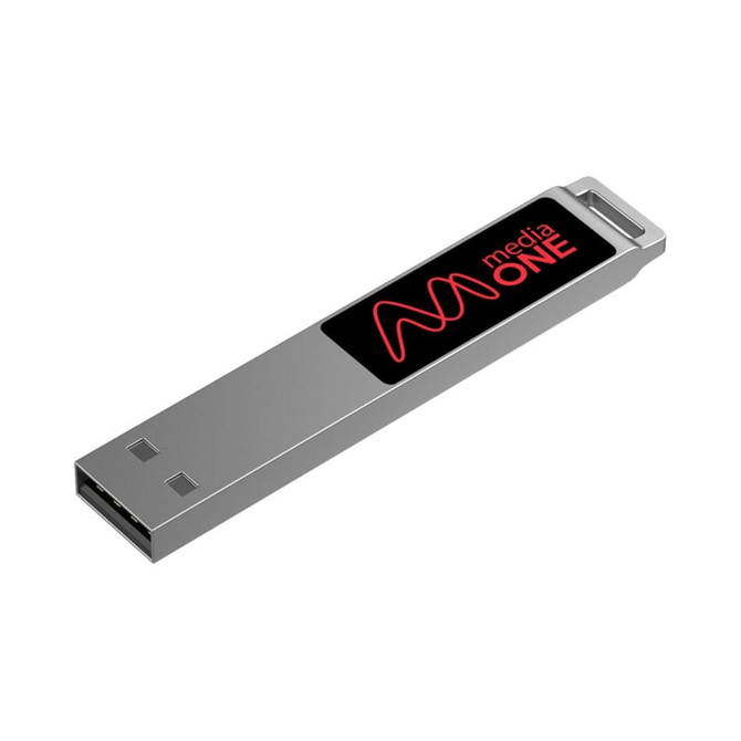 A silver LED flash drive with a branded section featuring red graphics.