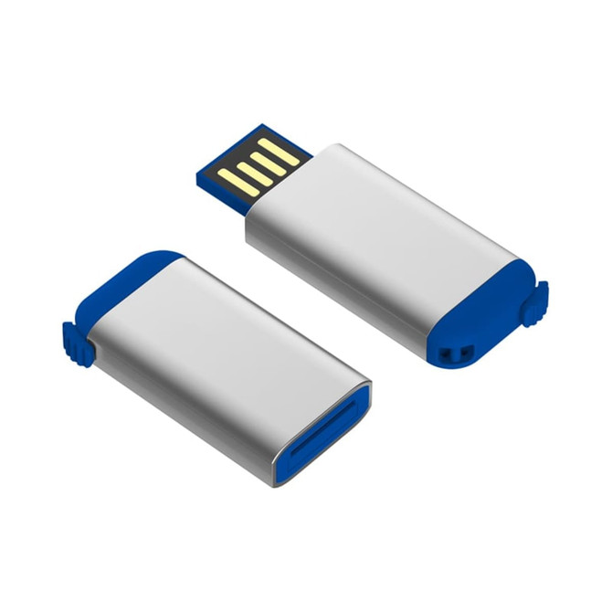 A silver and blue flash drive with a removable cap and a USB connector. It features a sleek, metallic design.