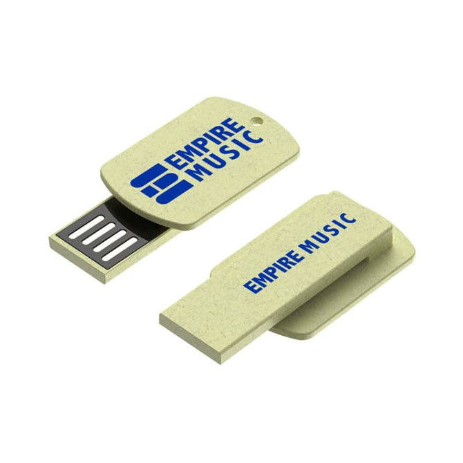A light green flash drive with a removable cap and a logo. It features a USB connector for data storage.