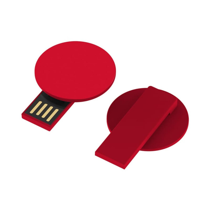 A red Burton Clip Flash Drive with a circular design and a sliding USB connector. It features a logo.