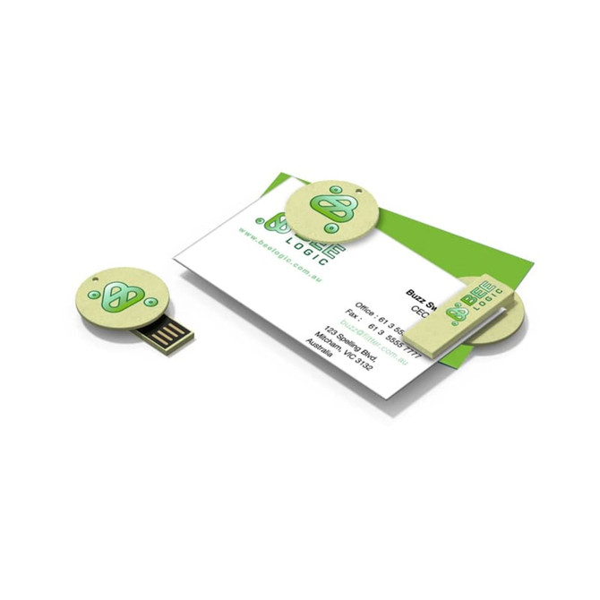 A green Burton Eco Clip Flash Drive alongside a business card, featuring a round, eco-friendly design and a logo.