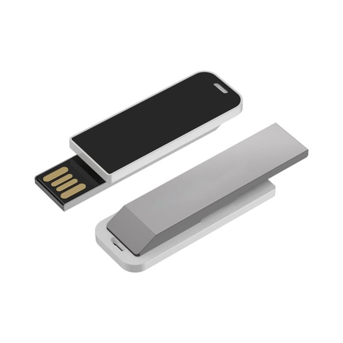 A sleek white and metallic grey LED clip flash drive with a retractable USB connector. It features a logo on the surface.