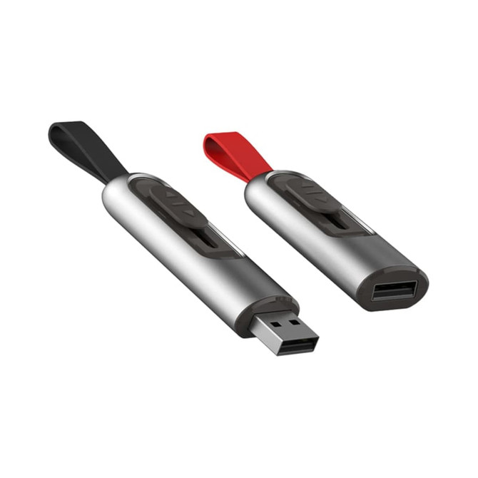 A metallic silver flash drive with a black and red rubber pull tab, featuring a logo and USB connector.