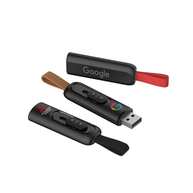 A black flash drive with a pull-out connector, featuring red and brown tabs and a logo.