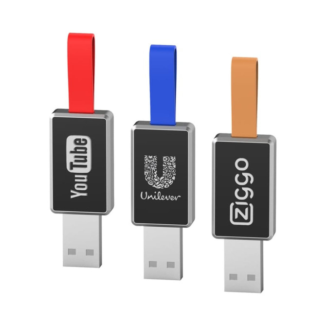 Three LED flash drives in black with different coloured loops: red, blue, and tan. Each has a logo on its surface.