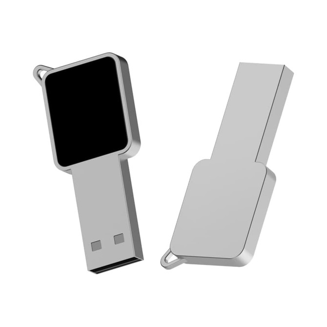 A silver LED flash drive with a rectangular design and a black panel on one side. It features a loop for attachment.