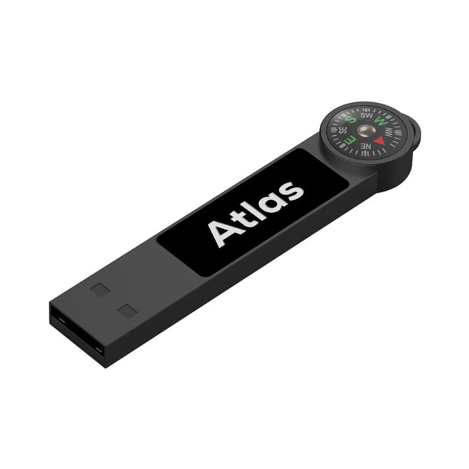 A black Atlas LED flash drive featuring a built-in compass on one end and has a logo printed on the surface.