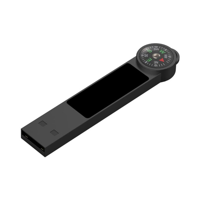 A black Atlas LED Flash Drive with a built-in compass feature. It has a sleek, modern design.