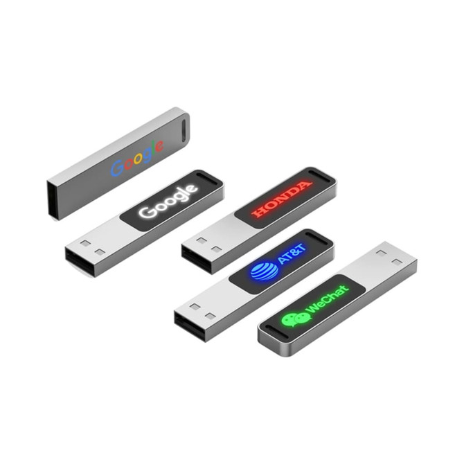 A set of metallic LED flash drives in various colours, featuring multiple logos.