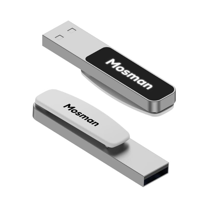 A silver Mosman LED flash drive with a black and white cap, featuring a branding logo.