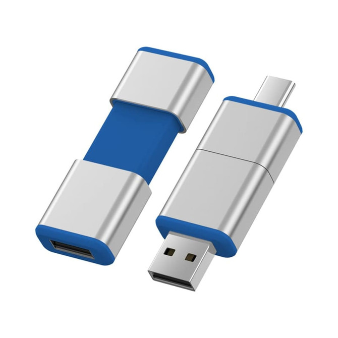 A silver and blue Harris Type-C flash drive featuring a metallic design with a dual connector.