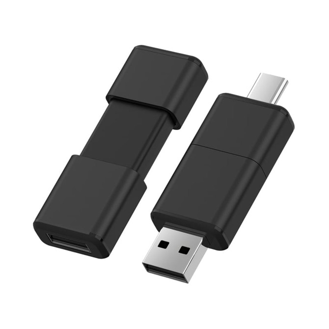 A black Type-C flash drive with a removable cover, featuring USB and Type-C connectors.