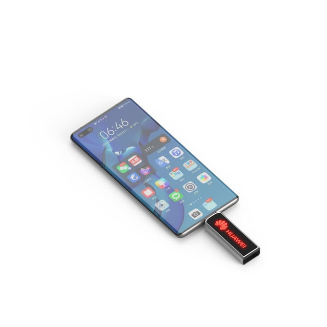 A black Clyde LED Type-C flash drive plugged into a smartphone with a sleek, modern design.