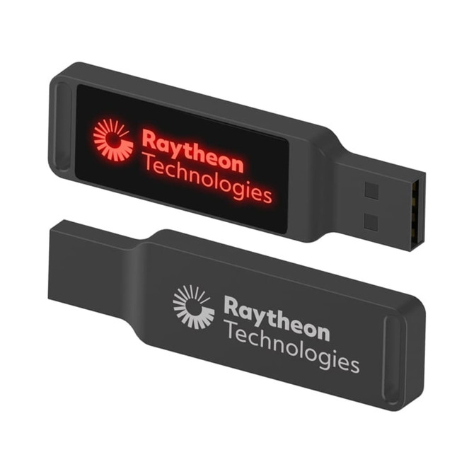 A black LED flash drive with a logo, featuring both a smooth and textured surface.