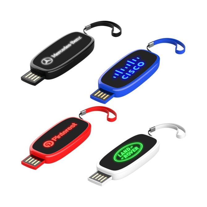A collection of four LED flash drives in black, blue, red, and white, each featuring different logos.