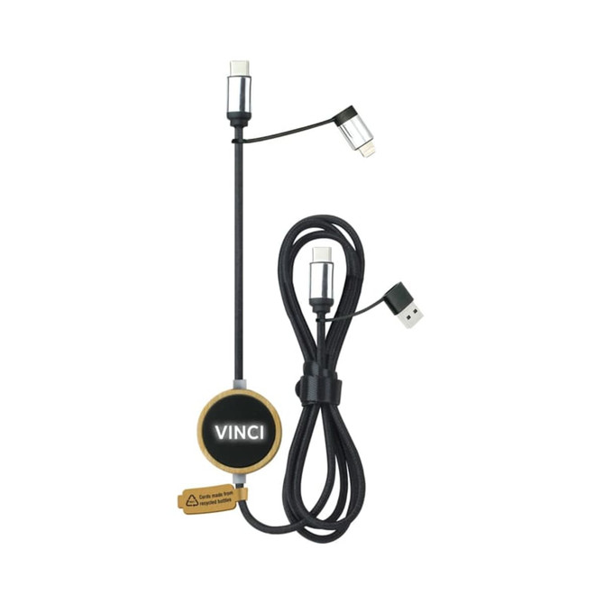A black Vinci LED data charge cable featuring multiple connectors and a circular branding element.