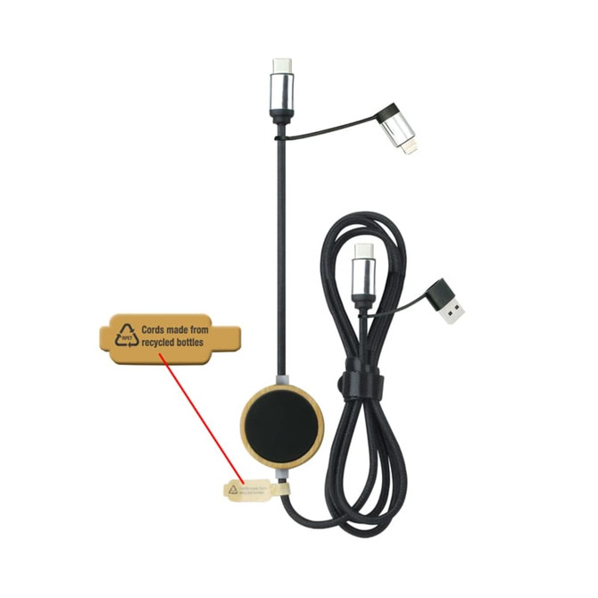 A charging cable with a round connector and multiple tips, featuring a black and natural colour scheme. It has a logo.