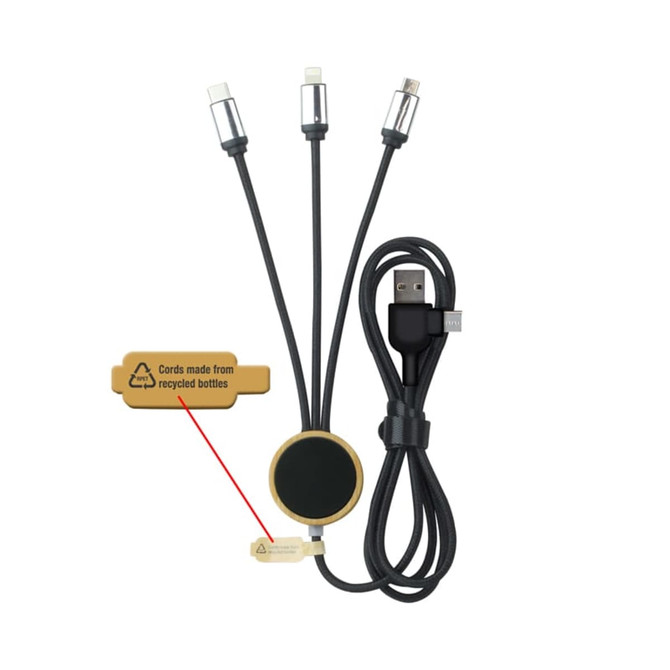 A three-way charging cable in black, featuring USB and multiple connectors, with a circular hub and branding.