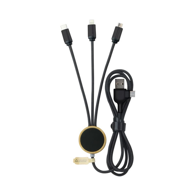 A charging cable with three connectors (USB-C, Lightning, and Micro USB) in a black and gold design.