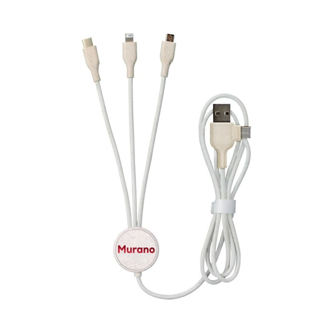 A white Murano charge cable featuring multiple connectors: USB, Lightning, and micro USB, with a circular branding tag.