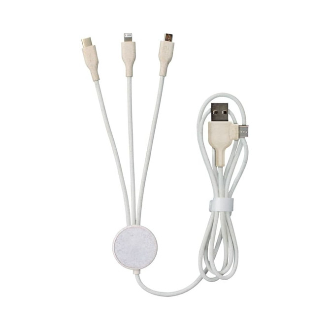 A white multi-connector charging cable with three tips: Lightning, micro USB, and USB-C, coiled for easy storage.