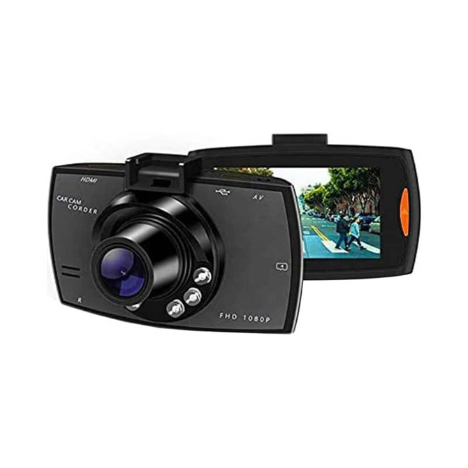A black Simona Dash Cam featuring a lens and a small display screen on the back. It has a logo on the front.
