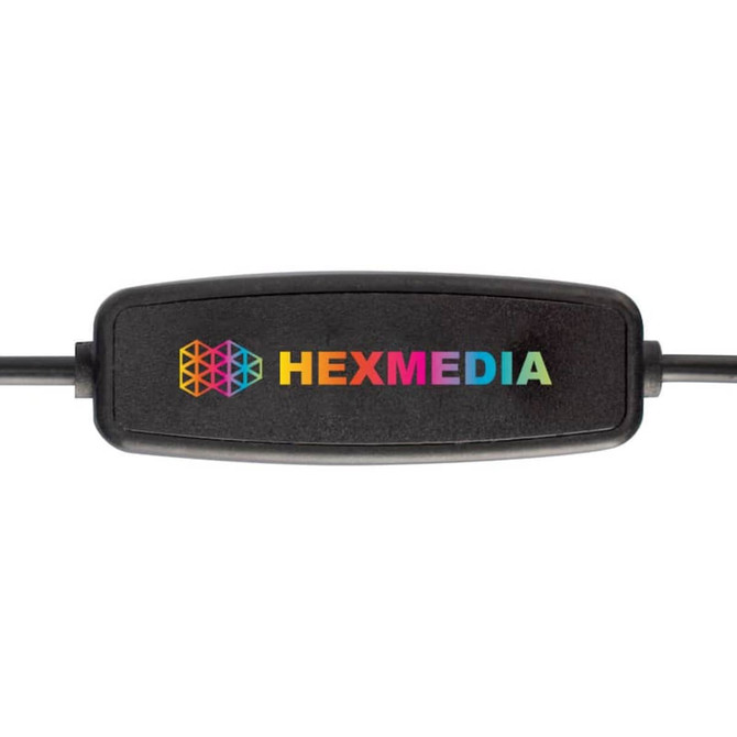 A black power control with a colourful logo, featuring a hexagon design and the word "HEXMEDIA."