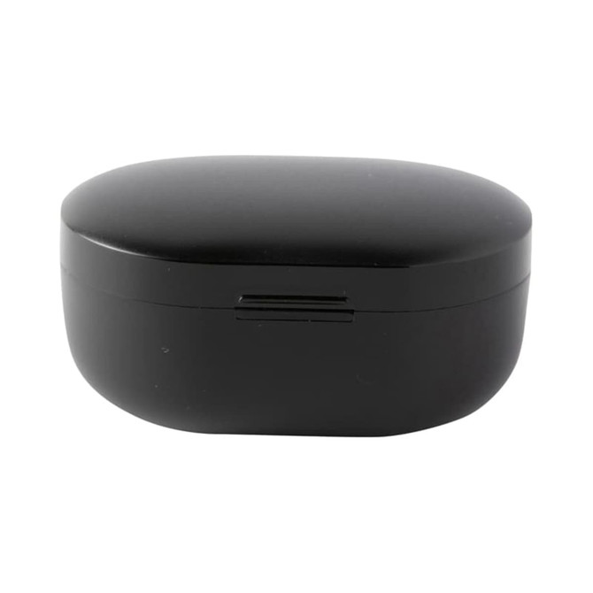 A black charging case for wireless earbuds, featuring a smooth, rounded design.