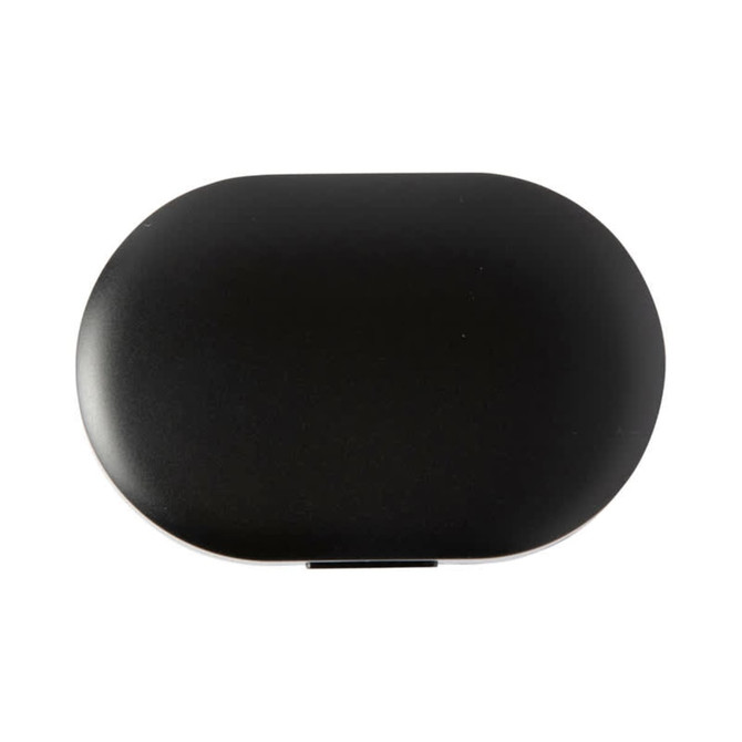 A black charging case for wireless earbuds features a sleek, rounded design and includes a logo.