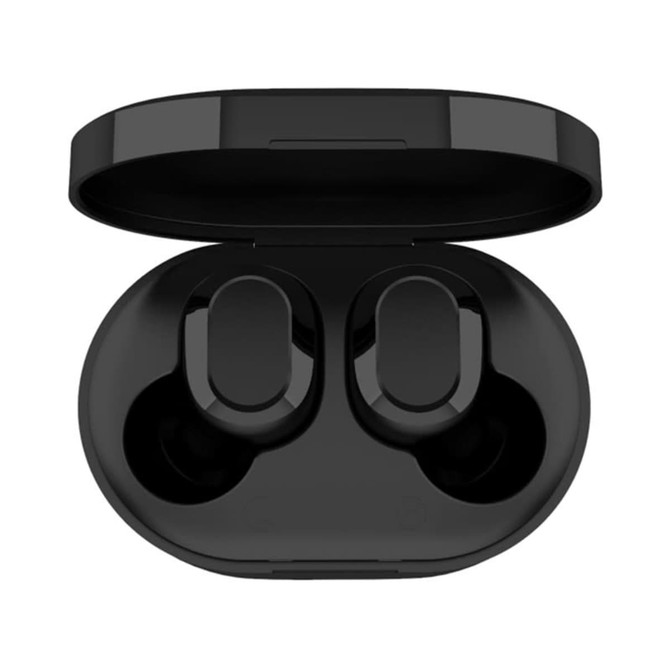 Black wireless stereo earbuds in a charging case, with the case slightly open exposing the earbuds inside.