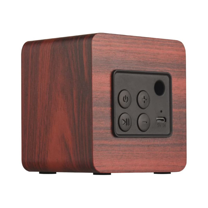 A square speaker with a wood-like finish, featuring control buttons and a USB port. It has a minimalist design.