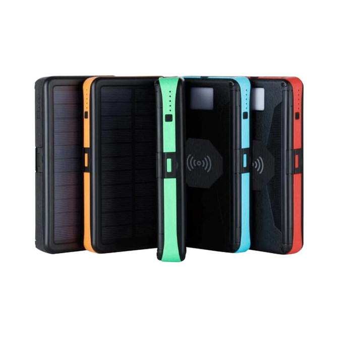 A collection of four solar-powered wireless power banks in black, orange, green, blue, and red, featuring branding.