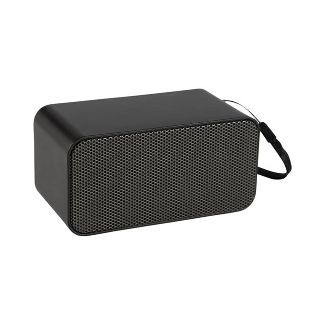 A black wireless charging speaker with a mesh front and a carrying strap. It features a logo on the side.