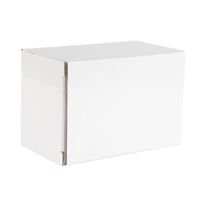 A plain white box, empty and unprinted, featuring a simple, rectangular design.