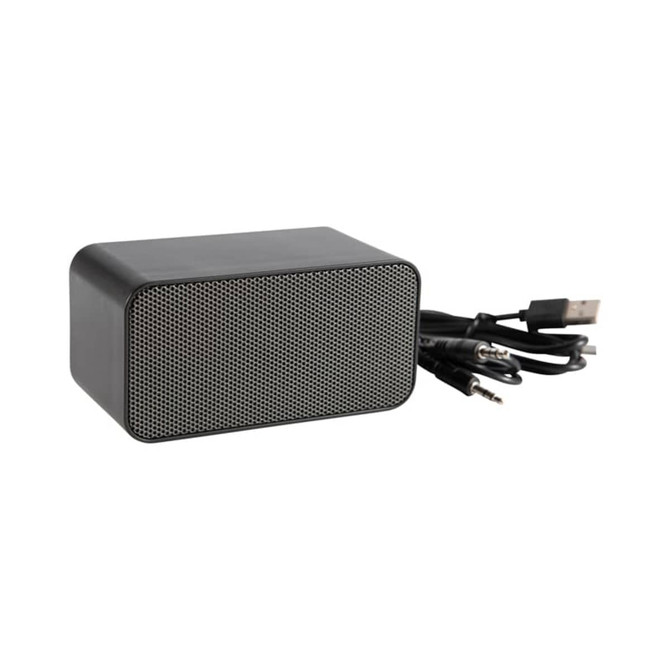 A black wireless charging speaker with a textured front and connected cables for charging and audio.