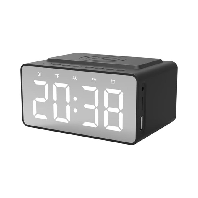 A black alarm clock with large digital display, featuring wireless charging and a logo on top.