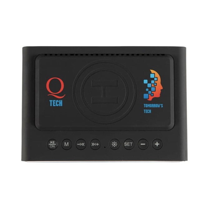 A black wireless charger speaker with buttons and a logo on the front, designed for alarm clock functionality.