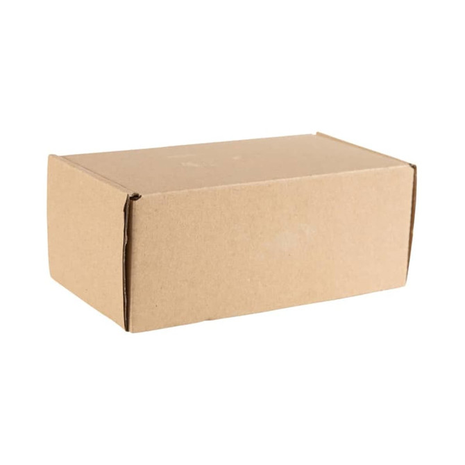 A brown cardboard box, rectangular in shape, with flaps on the top and no visible branding.