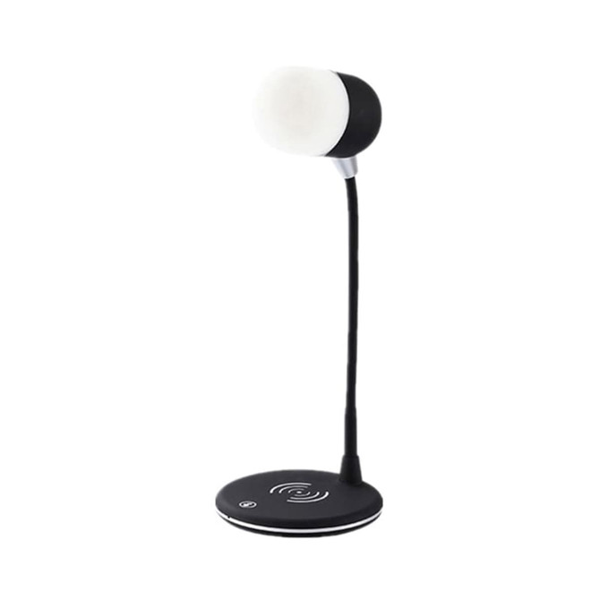 A black wireless charging sound lamp with a flexible neck and a round base, featuring a light at the top.