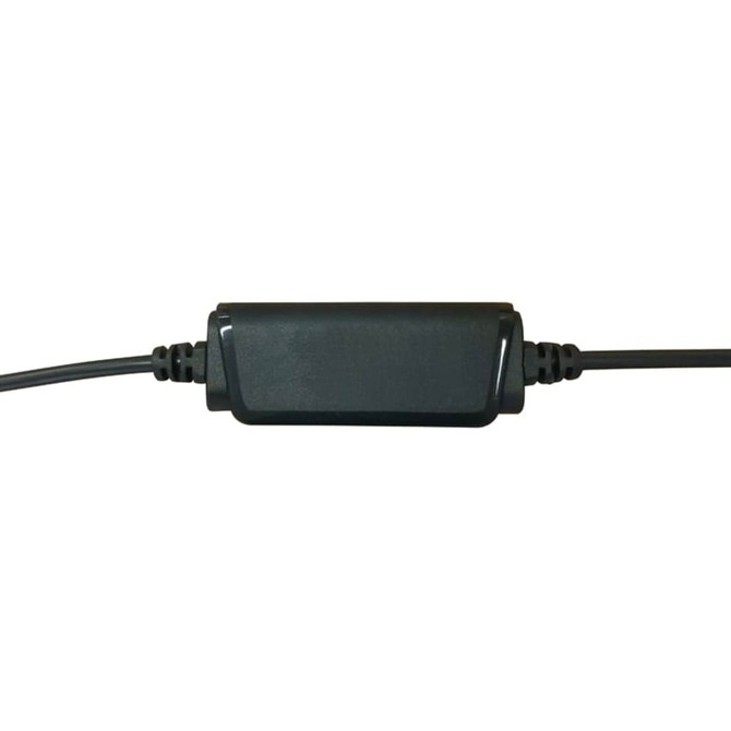 A black headphone inline remote control with wires attached. The device features buttons for functionality.