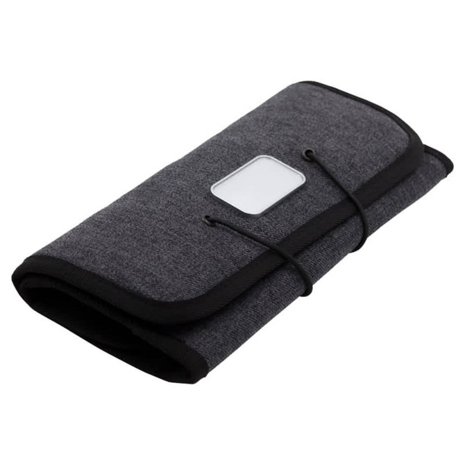 A grey toiletry accessory roll with a black trim, featuring a transparent pocket and a closure. It has a logo.
