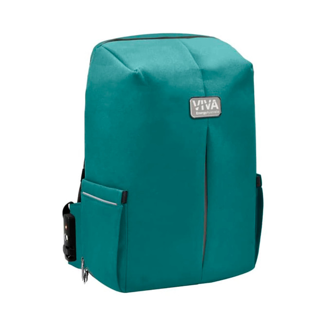 A teal backpack with multiple pockets and a branding logo, featuring a sleek, modern design.