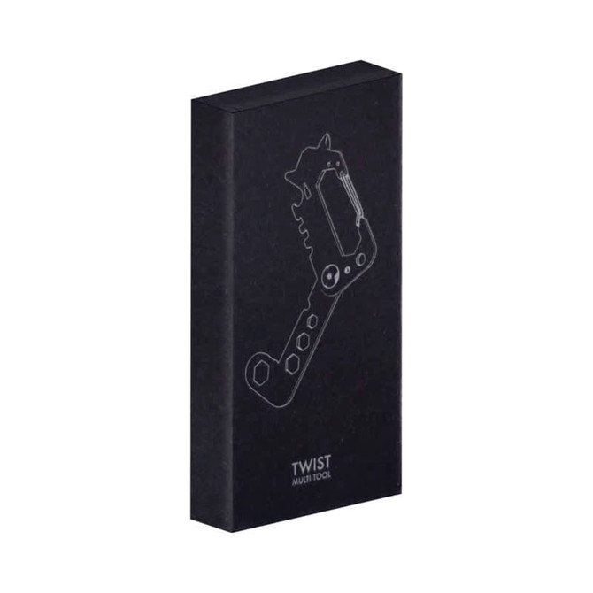 A black box featuring a graphic of the Twist Multi-Tool, showcasing its unique design and various tool features.