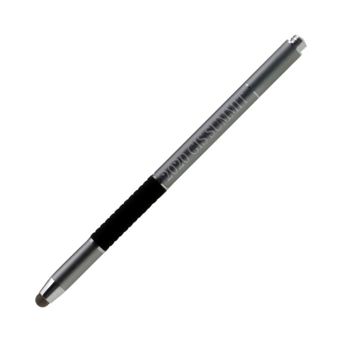 A silver stylus pen with a textured black grip and a rounded tip, featuring a logo on the barrel.