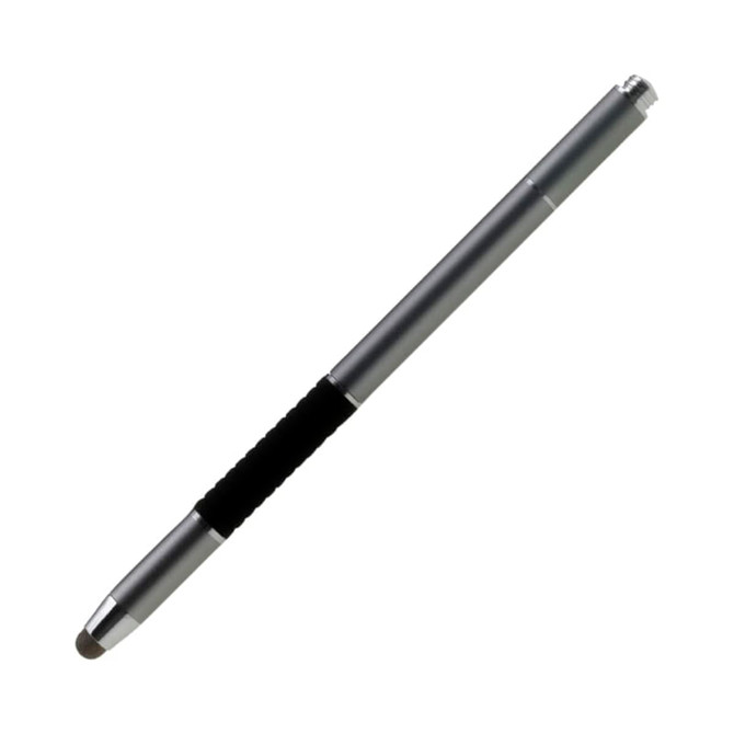 A silver stylus pen with a black grip, featuring a smooth, rounded tip and a logo.