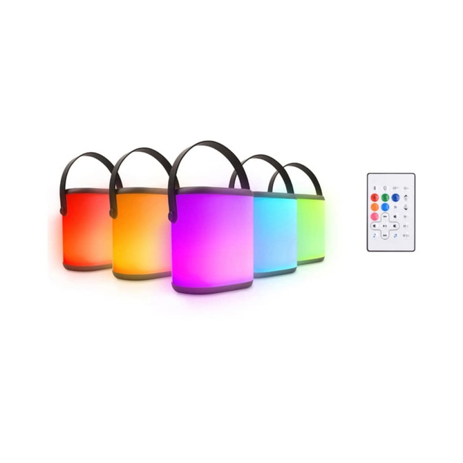 A set of five portable LED speakers in various vibrant colours with a remote control. Each speaker has a handle.