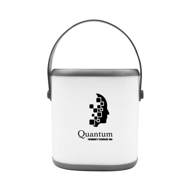 A white portable bucket with a grey handle and a logo featuring a silhouette and squares.