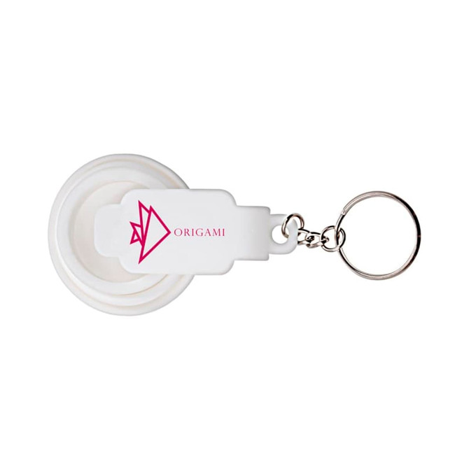 A white keychain torch with a simple design, featuring a branding logo.