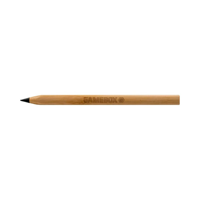 A bamboo pen with a natural finish and a black tip, featuring a logo.