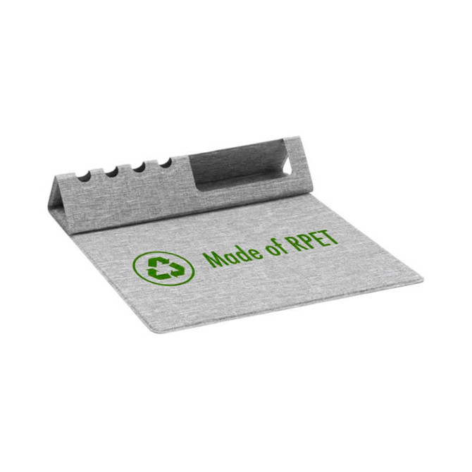 A grey foldable mouse pad made of RPET, featuring a section with a logo for organisation.